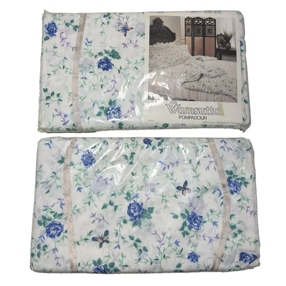 Wamsutta D Porthault Sheet Set TWIN Pompadour Blue Floral Vtg Sheets Butterfly